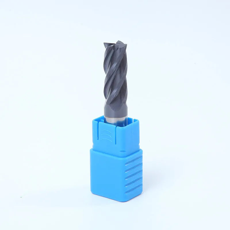 Carbide milling cutter with straight shank and spiral cutting edge showing 4-slot design