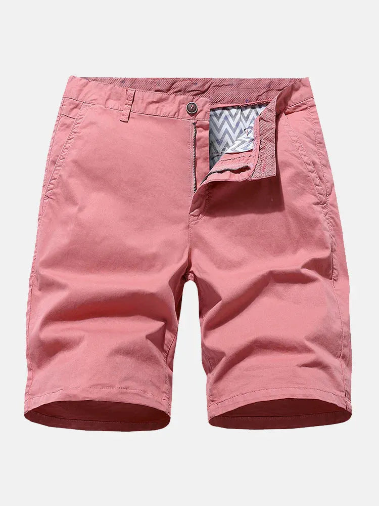 Men's loose fit blue denim casual shorts with no belt, shown in a straight cut short length