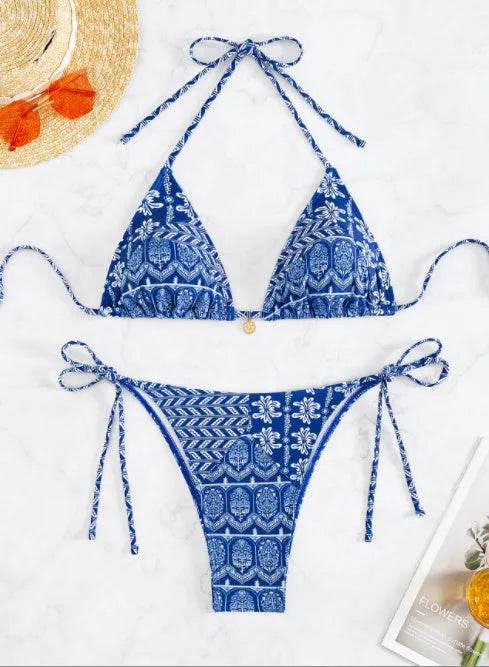Women's split bikini swimsuit with stitching bandage design in polyester fabric