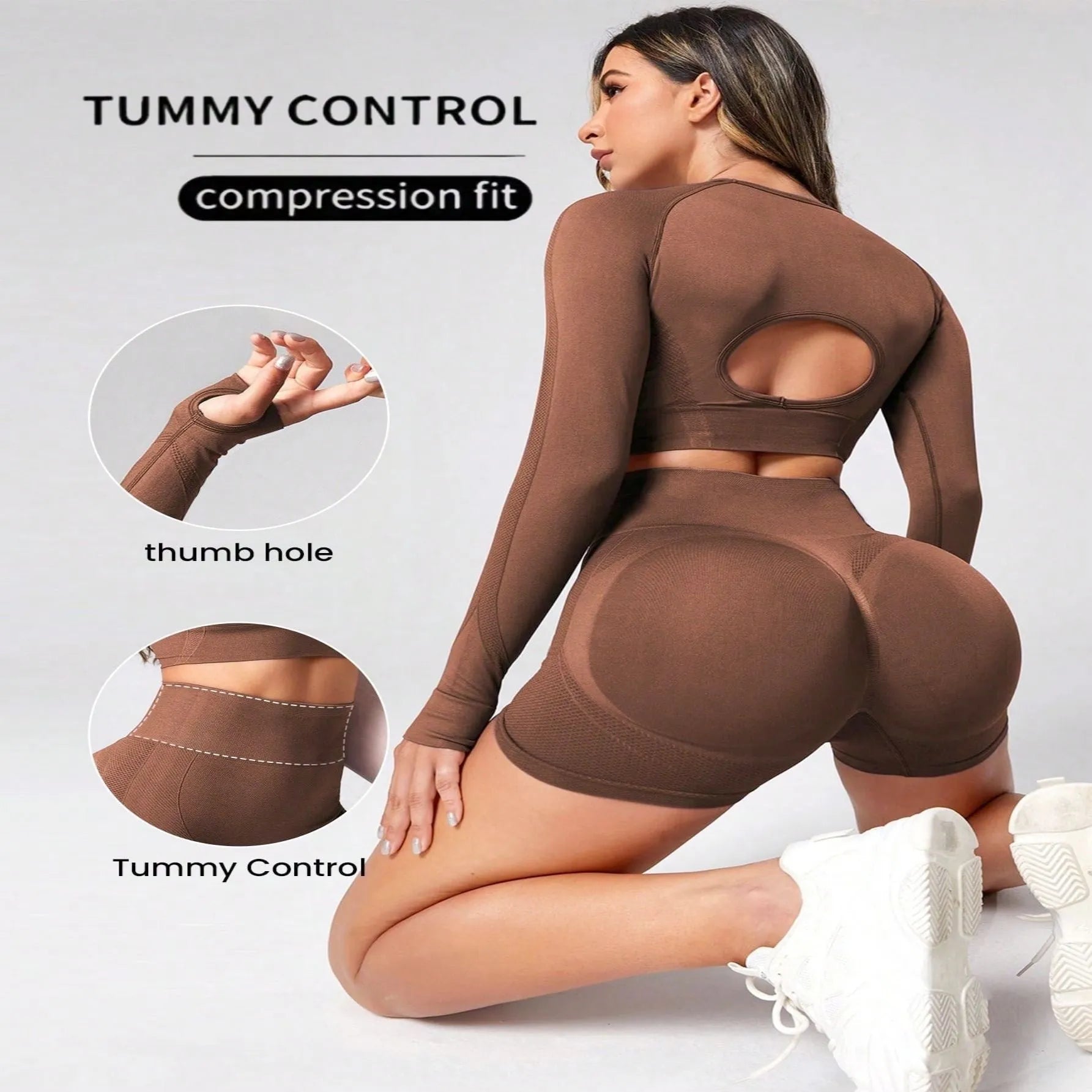 Women's black yoga suit with high waist hip lift design and long sleeves for fitness activities