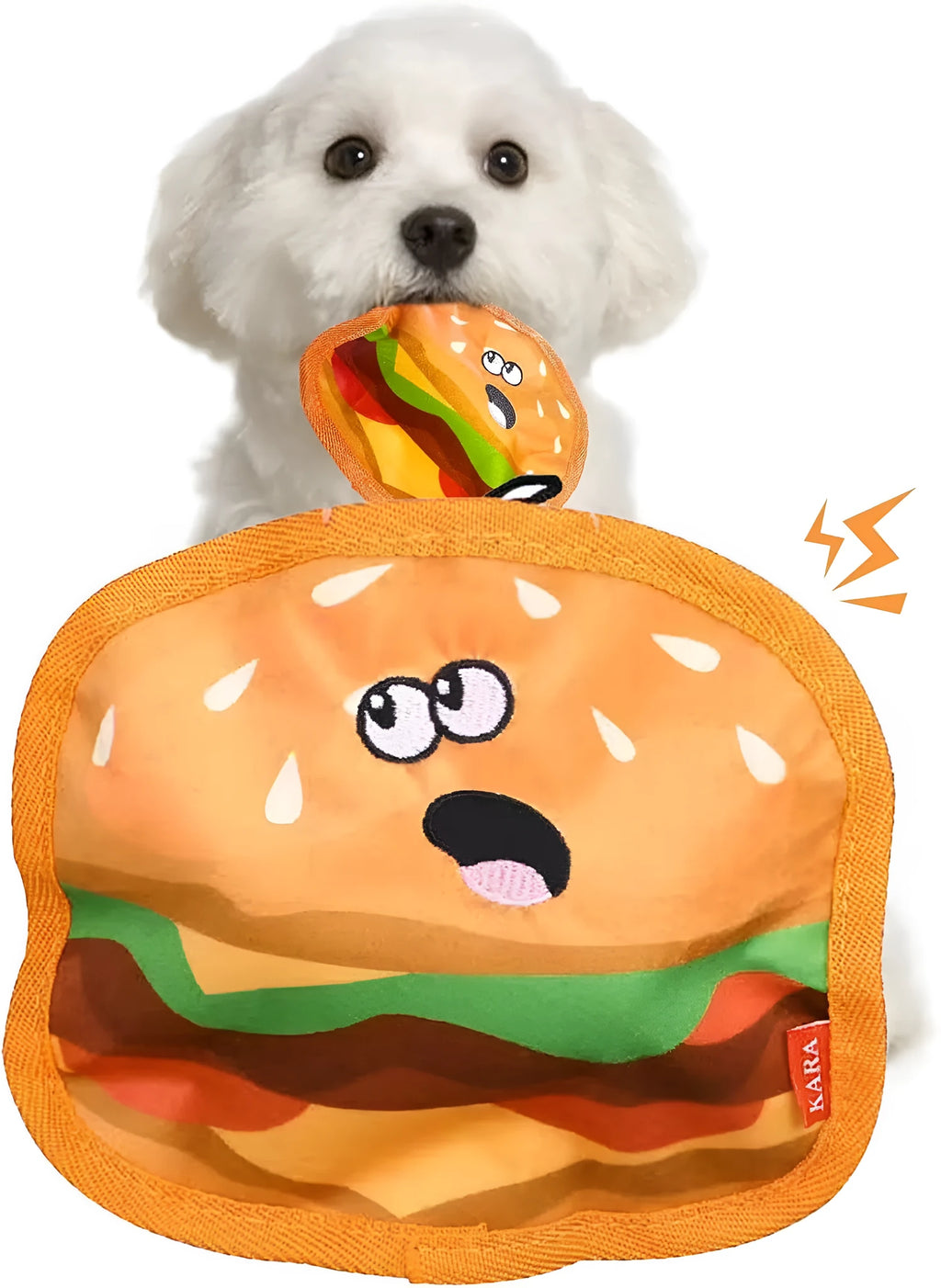 Hamburger-shaped dog chew toy with red, yellow and brown colours showing crinkle and squeak features