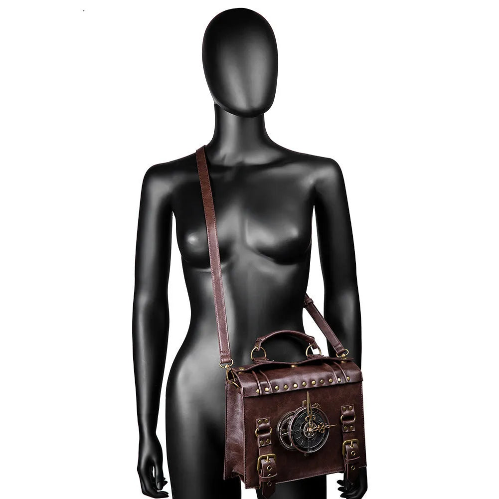 Bronze steampunk industrial retro style square shoulder bag with metal details.