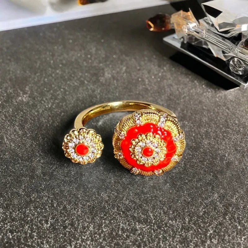 Adjustable vintage oil-dripping gourd copper ring with zircon inlay, showing flower shape in one of six colour options.