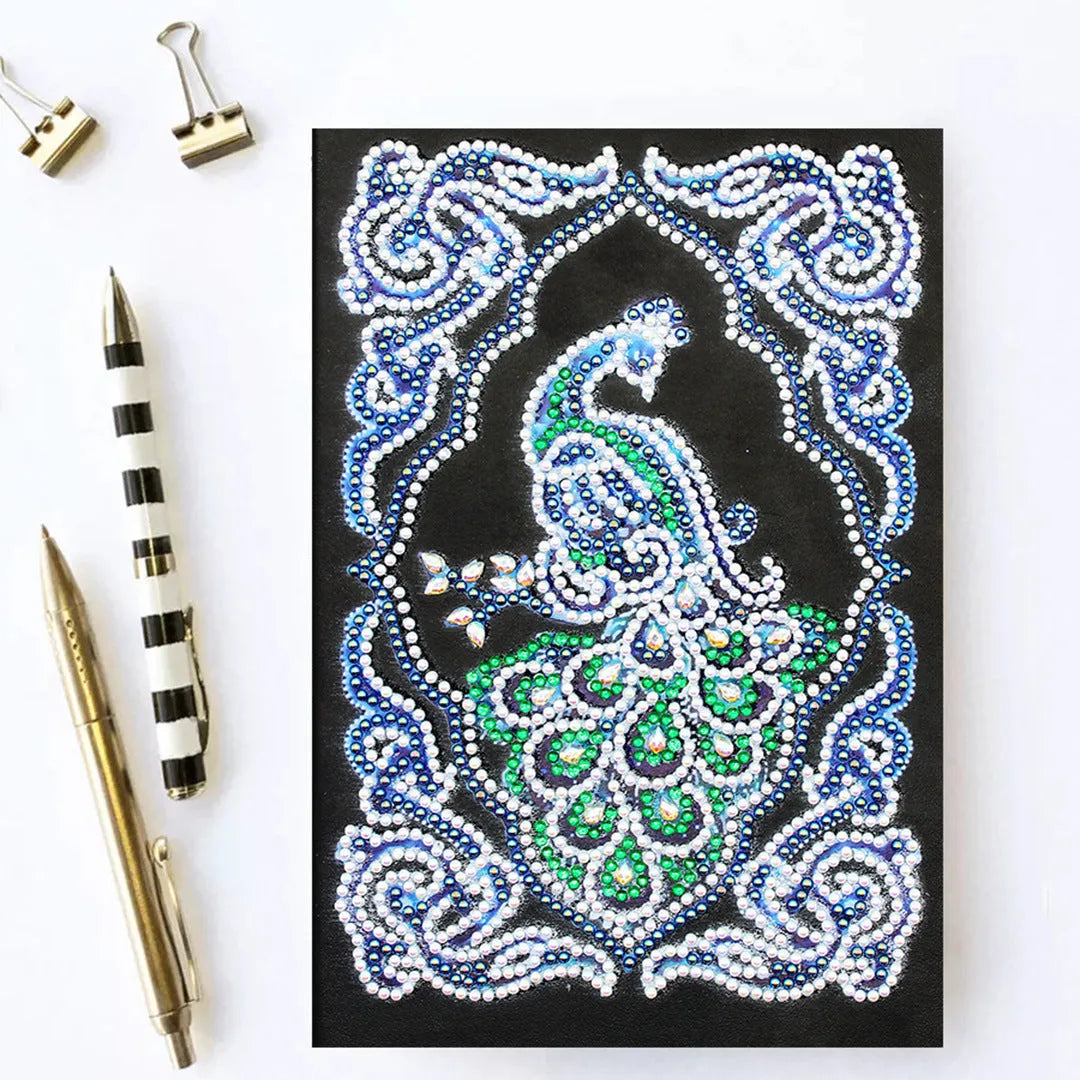 A5 black hardcover diamond painting notebook kit with peacock design, shaped drills, and bright drills.