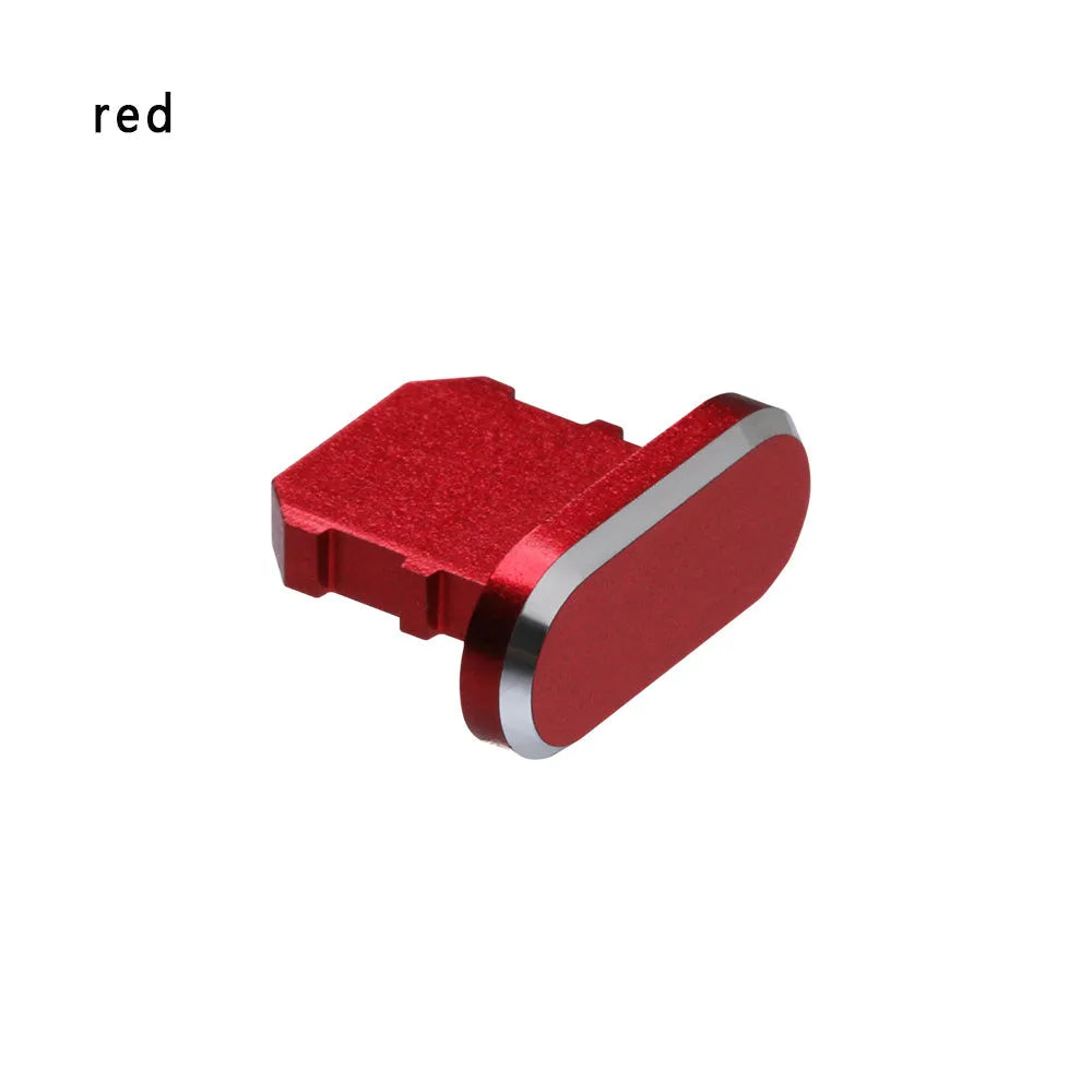 Aluminium alloy dust plug for iPhone charging port in various colours including gold, silver, and rose gold.