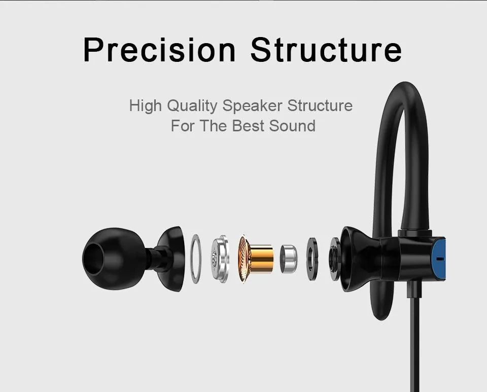 Sport ear hook headphones with microphone in black blue colour, showing over-ear hook and silicone earbuds.
