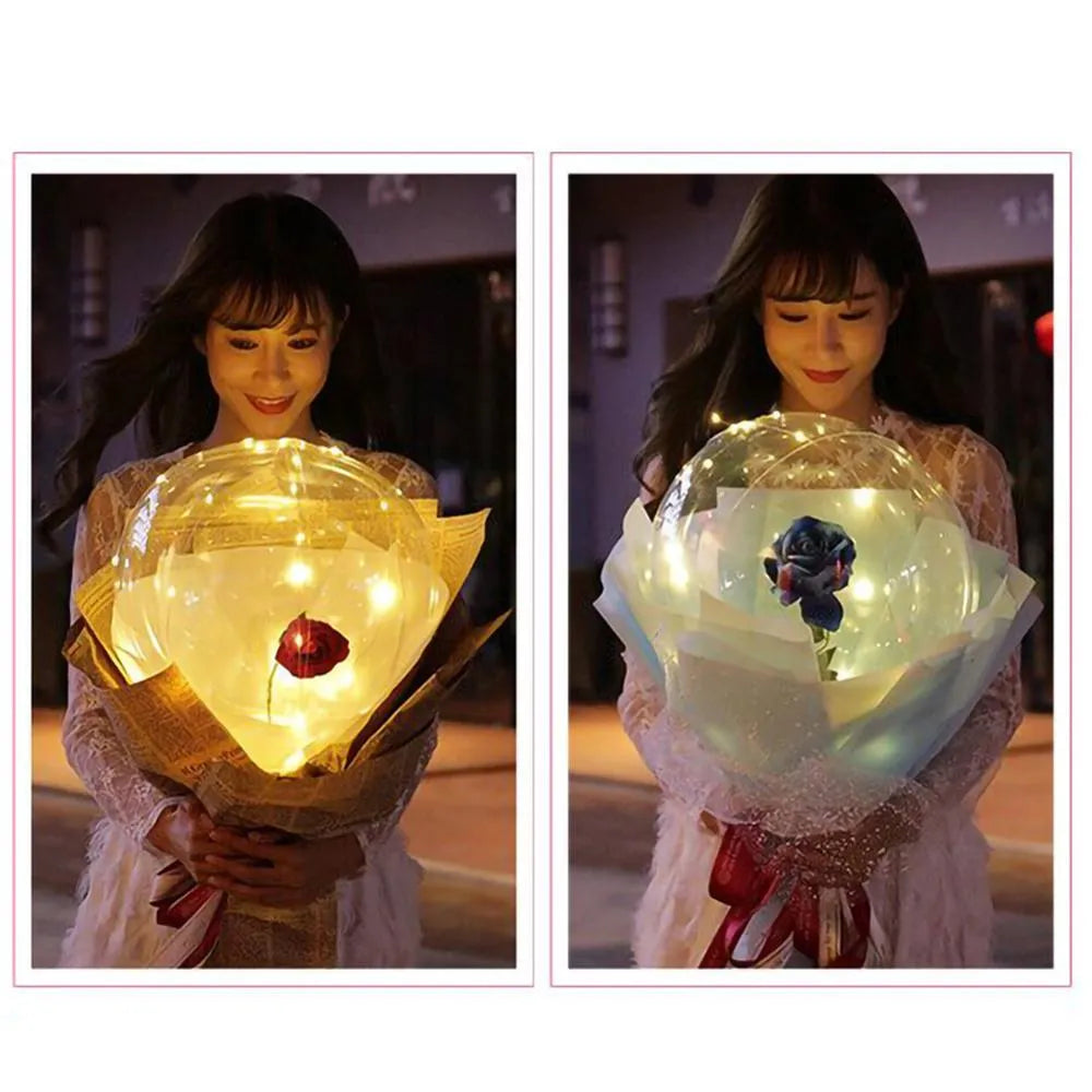 Transparent LED luminous balloon with artificial rose and built-in light, shown as a DIY bouquet kit.