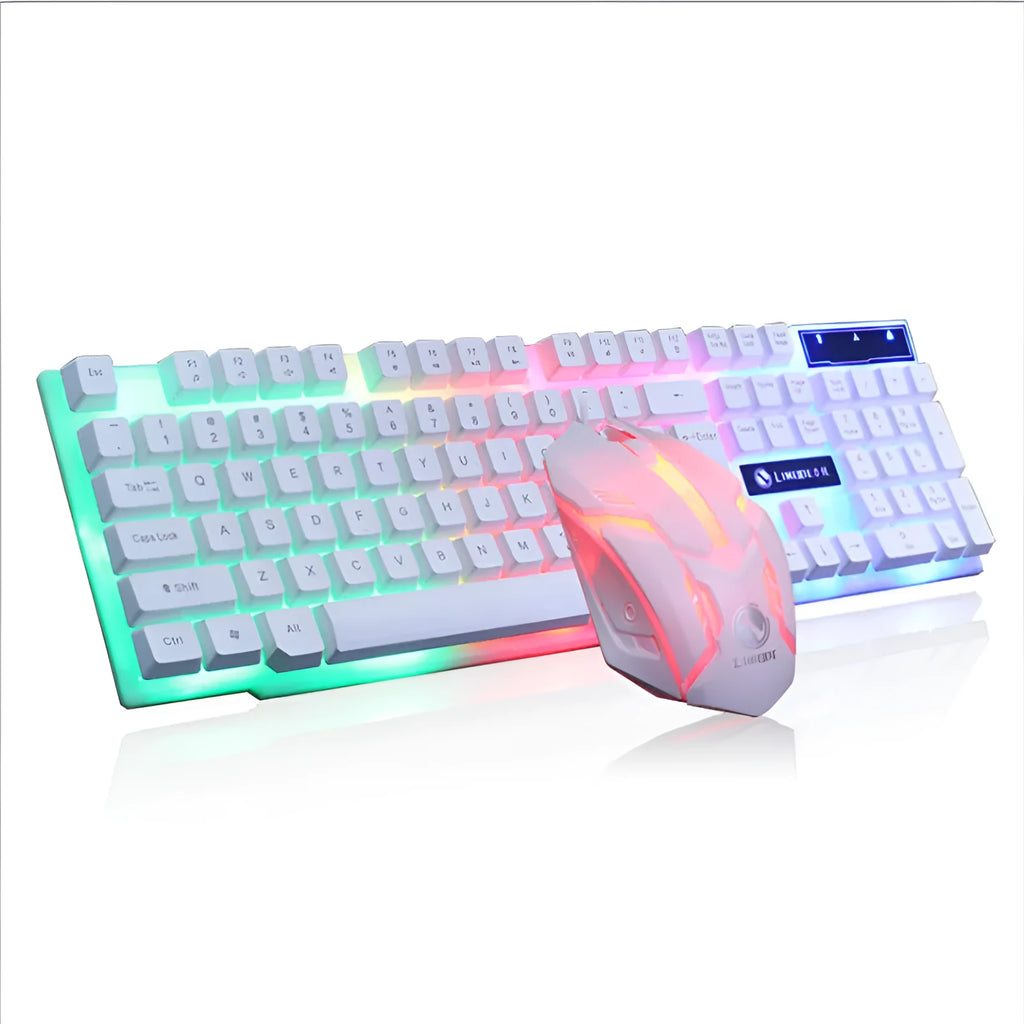 Limei GTX300 white and black wired gaming keyboard and mouse set with backlit keys on a desk