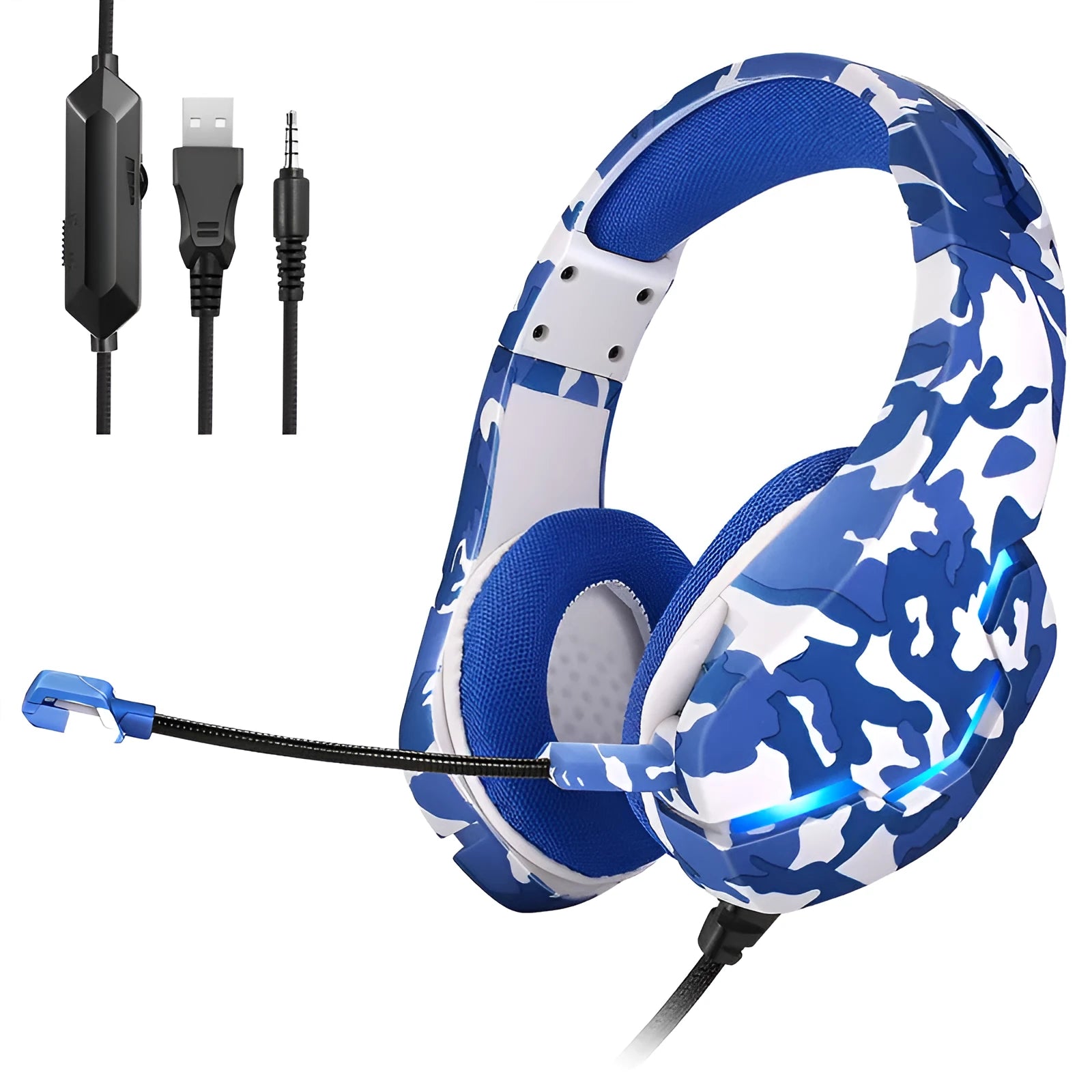 Wired gaming headset with microphone in camouflage blue or white colour with 40mm drivers