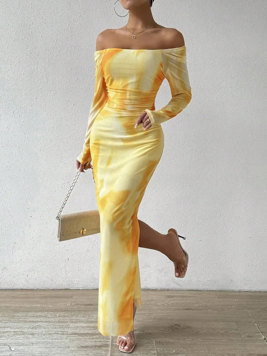 Women's long fishtail dress with square collar, pleated mesh fabric, and a split hem in a gradient colour.