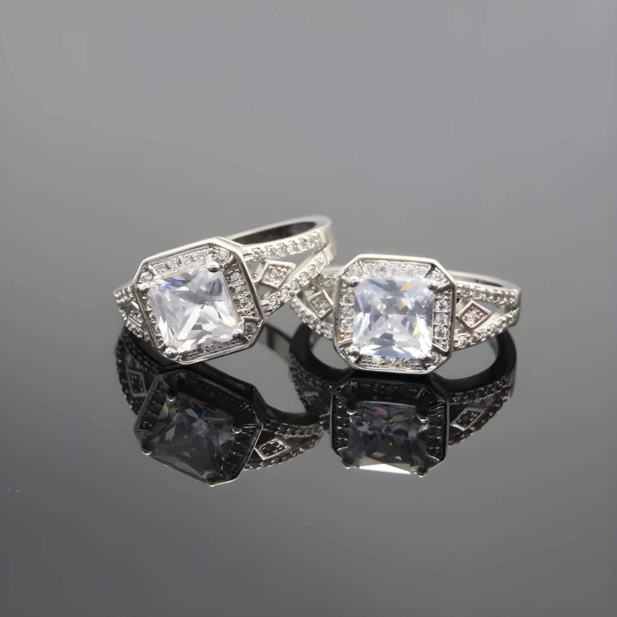 Women's geometric zircon ring with hollow ornamental design and quadrilateral pattern in platinum colour