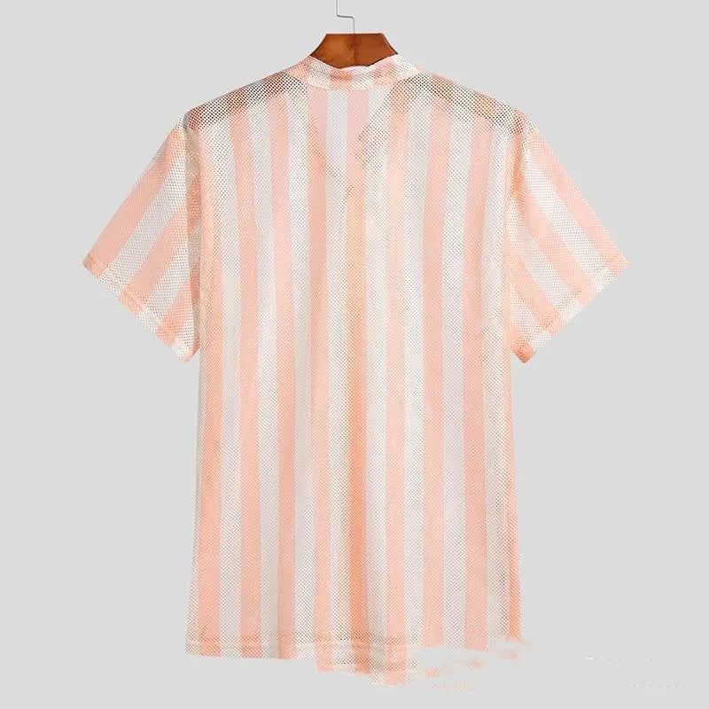Pink men's loose-fit cardigan shirt with waffle texture and short sleeves