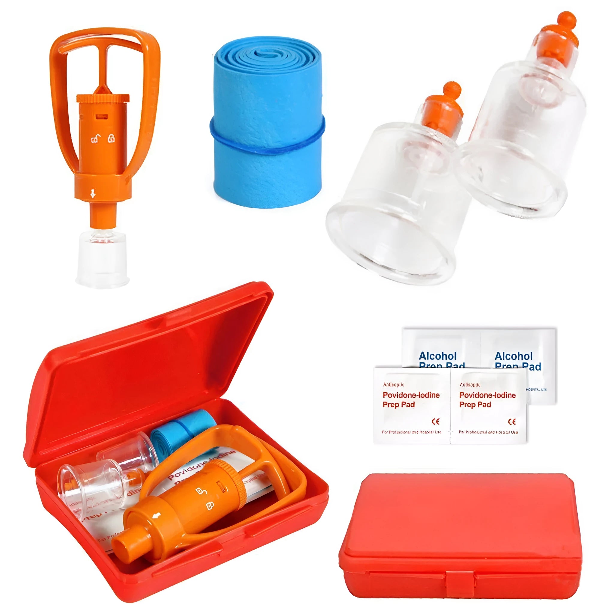 Orange emergency venom vacuum suction device with two cup sizes and accessories for outdoor bite treatment