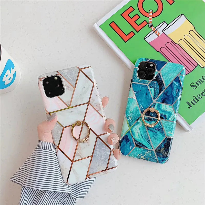 TPU geometric plating phone case with bracket ring for iPhone, in blue, pink, purple, or white colour options
