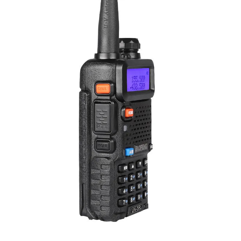 Black handheld VHF UHF walkie talkie with antenna, showing compact 110mm by 58mm size.