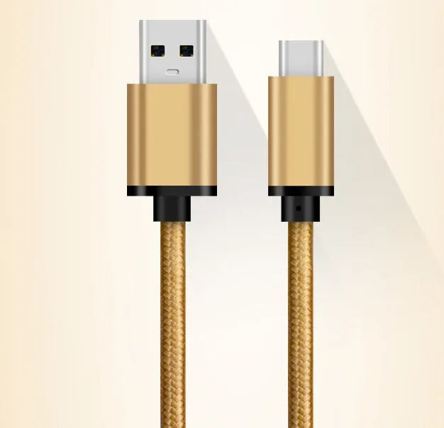 USB Type-C to USB-A charging cable with metal plugs in gold, grey, or silver colours