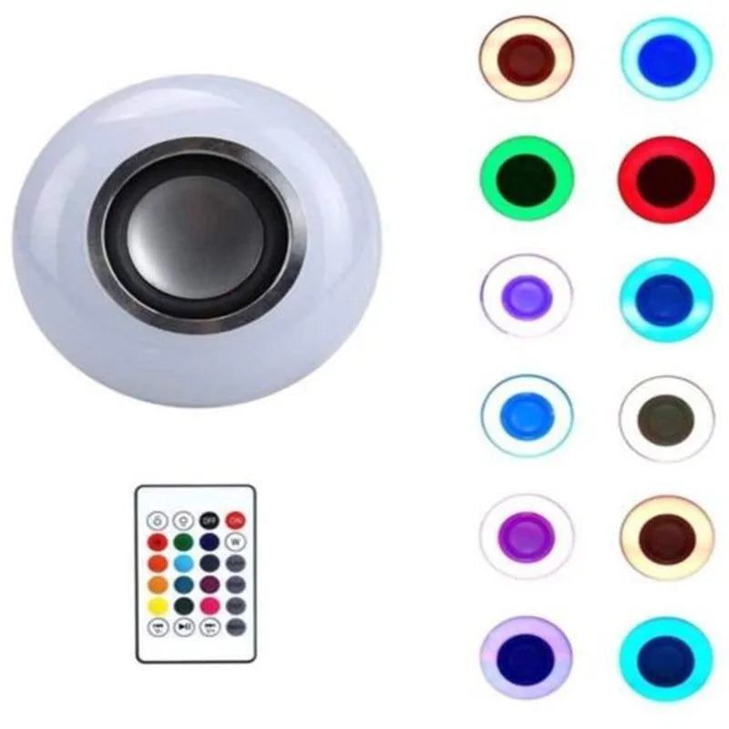 White Bluetooth speaker LED bulb with E27 screw base and remote control for 16 colour lighting.