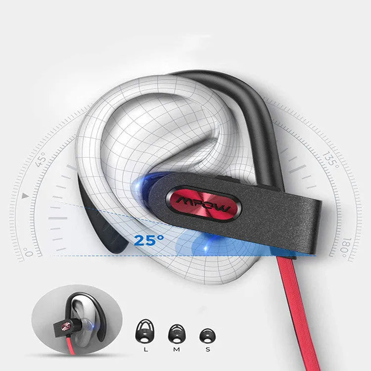 Hanging ear Bluetooth wireless headset in black, pink, or red colour with stereo sound.
