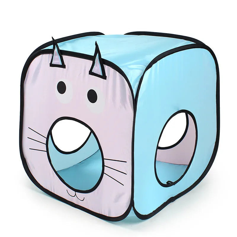 Foldable pet tent connected to tunnels in cat and fish colours for small cats
