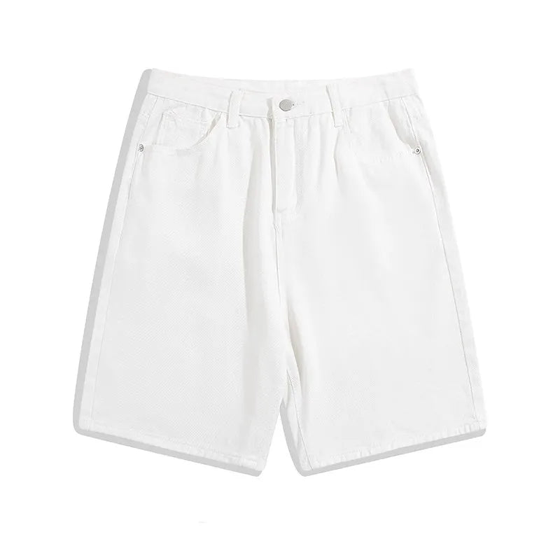 Men's light blue denim casual shorts with five pockets and straight leg on a white background.