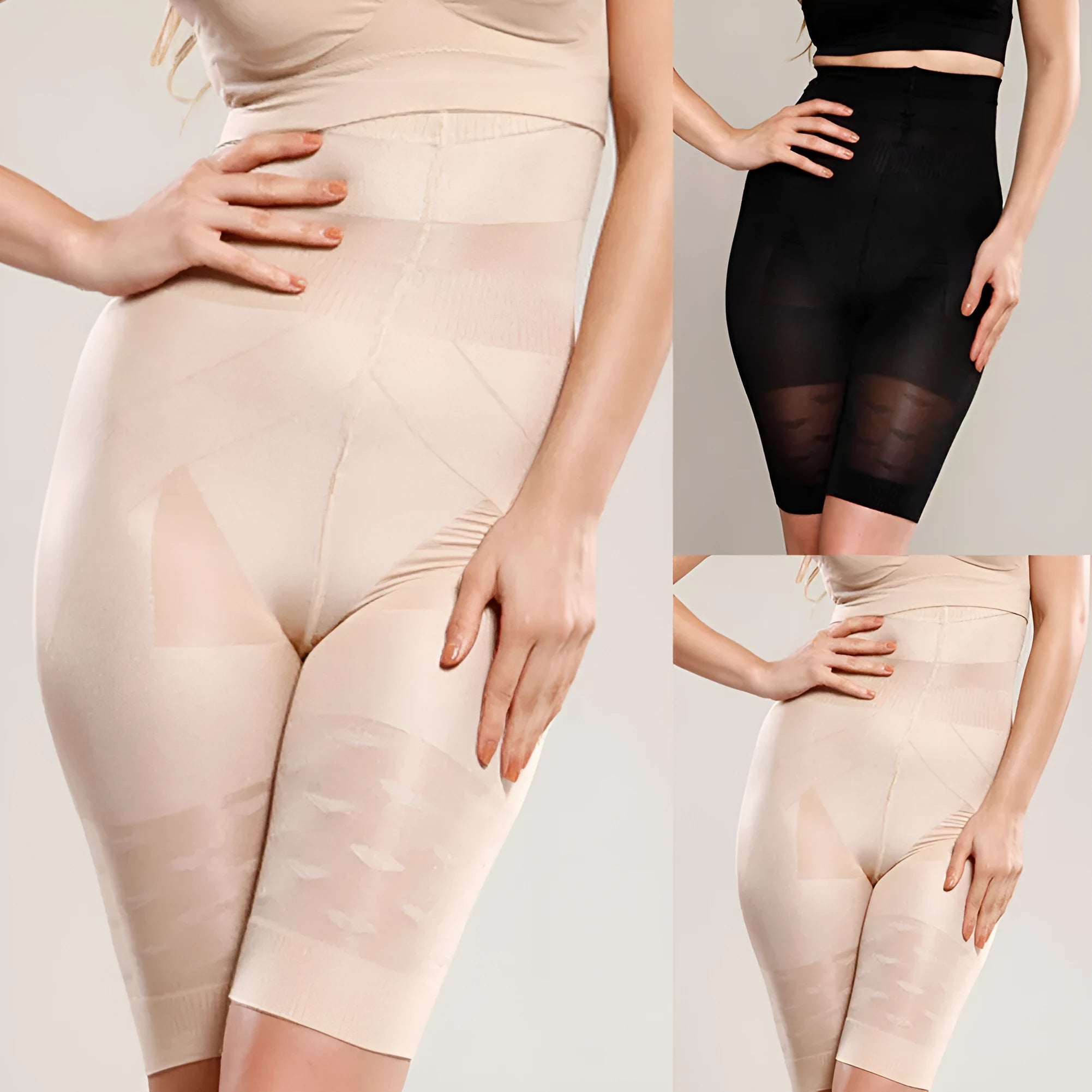 Women's seamless high-waist shapewear short in black on a mannequin, showing tummy control design.