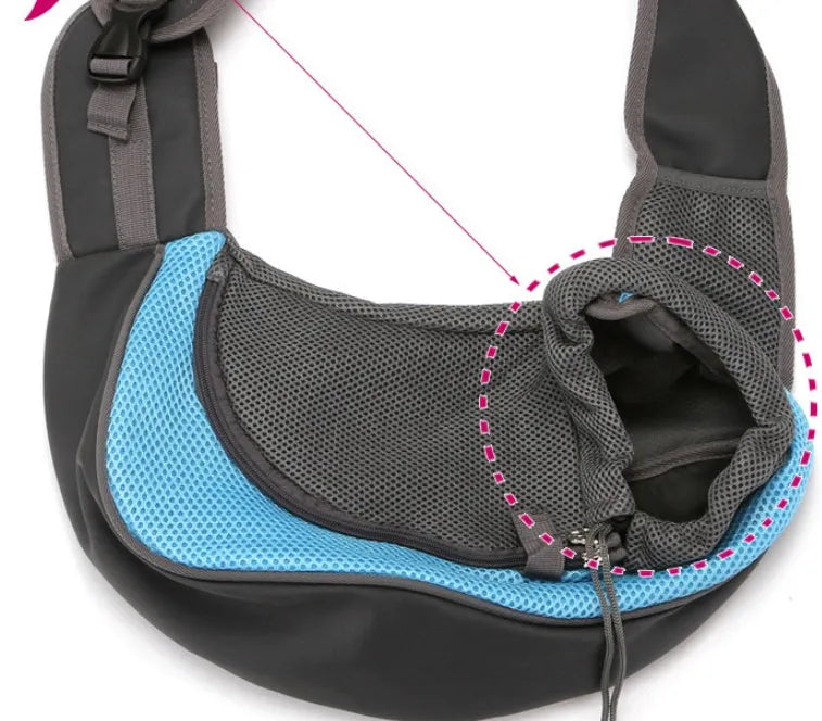 Blue pet carrier backpack for small dogs or cats with mesh window and adjustable straps