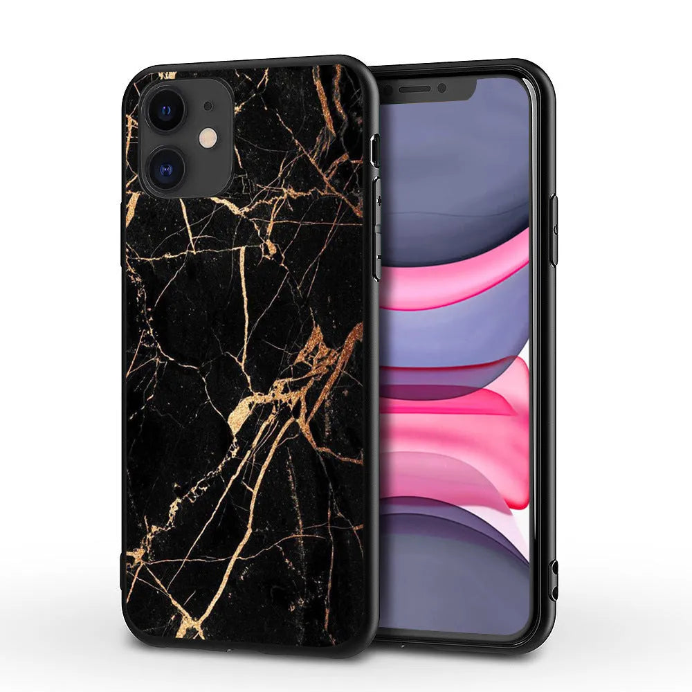 Marble pattern iPhone case showing shockproof waterproof design with precise port cutouts