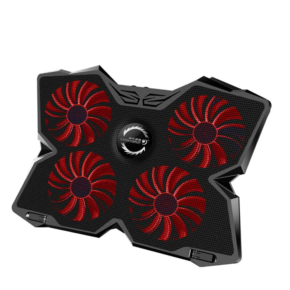 Blue laptop cooling base with four LED fans and integrated USB ports for computer temperature control