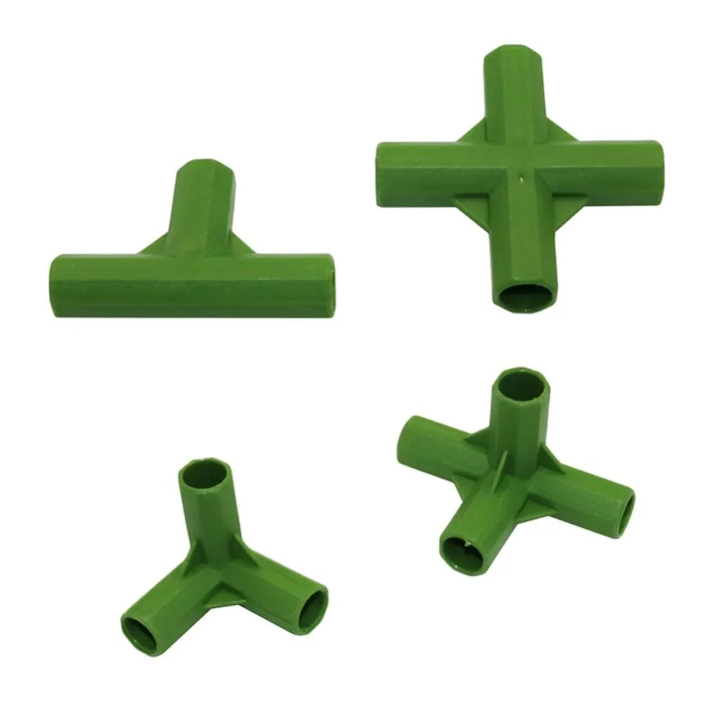 Two white PP plastic plant support connectors for 11mm garden stakes, showing three-way and four-way joint designs.