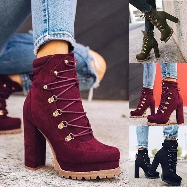 Women's suede ankle boots with thick heel in Roman style, showing decorative rivets and available in four colours