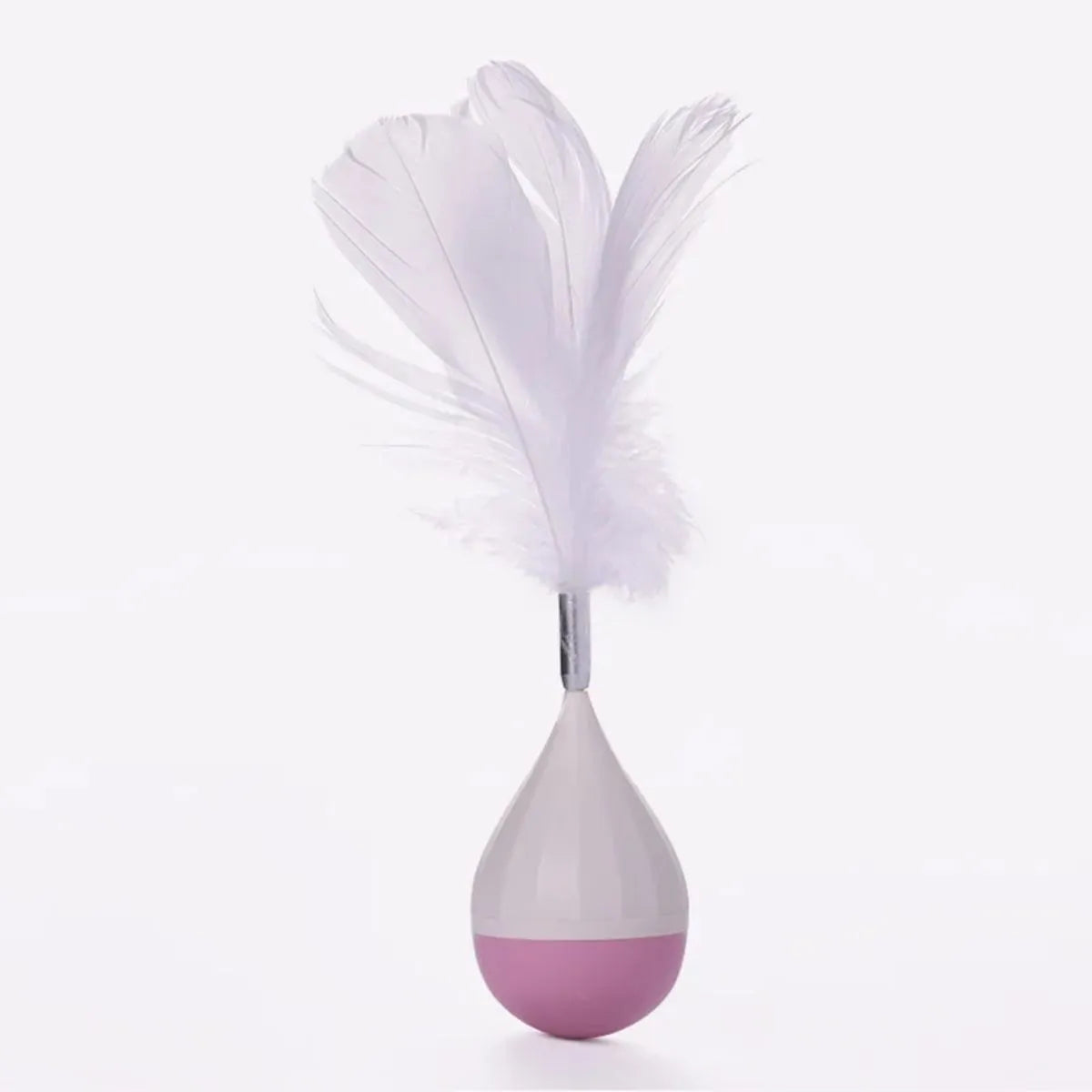 Green and pink feather tumbler cat toy with tease ball on stick