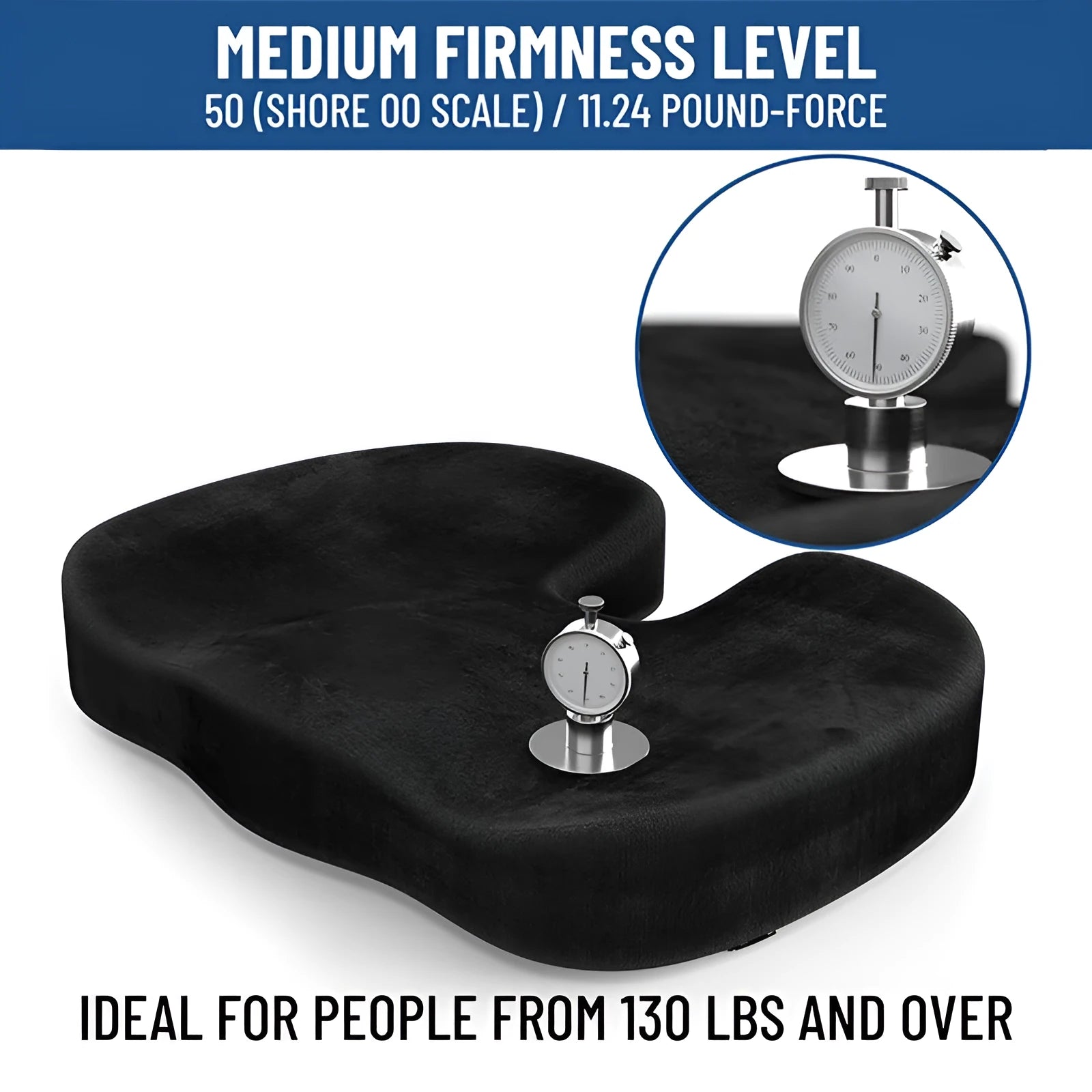 Black flannel U-shaped memory foam office seat cushion measuring 46x36x7cm