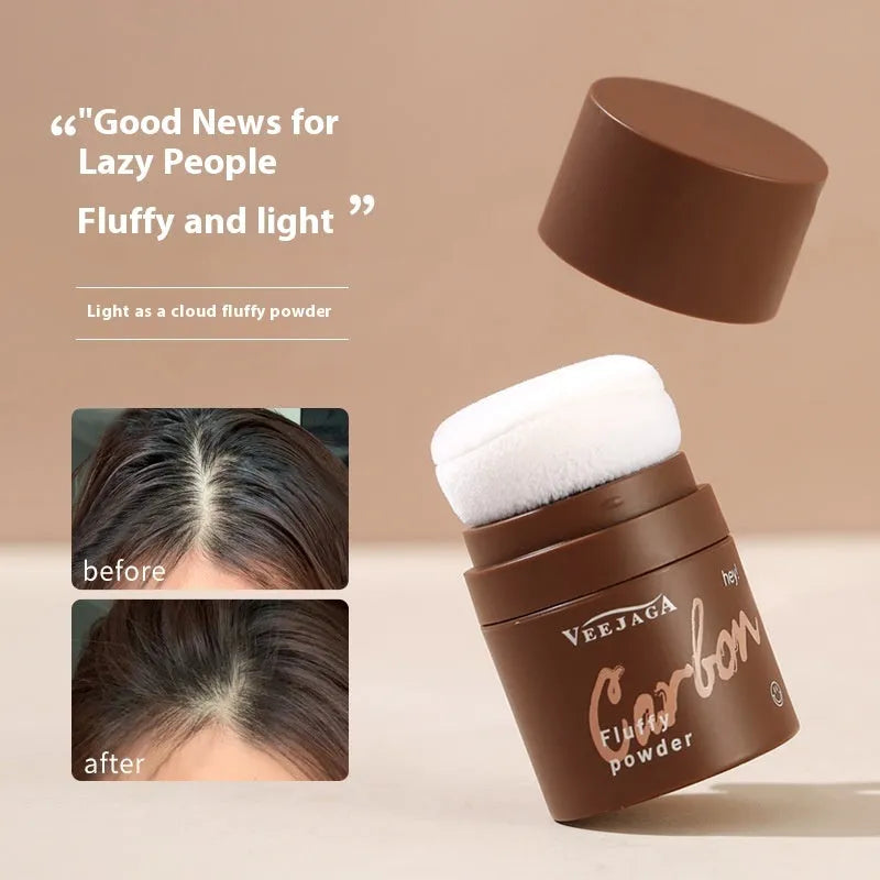 Oil control powder container showing transparent, brown, and dark brown powder variants for hair and facial application
