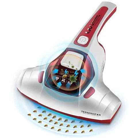 Pink handheld vacuum cleaner with UV-C light for mite removal on a sofa.