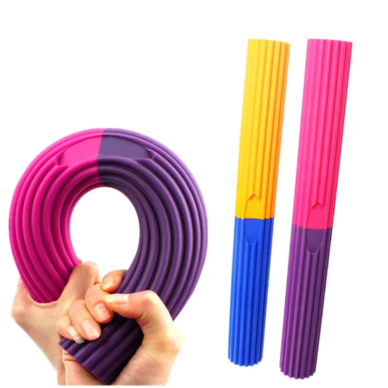Flexible silicone resistance training bar in pink and blue for grip strength and elbow rehabilitation
