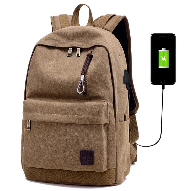 Canvas USB rechargeable backpack in grey showing front pocket and shoulder strap