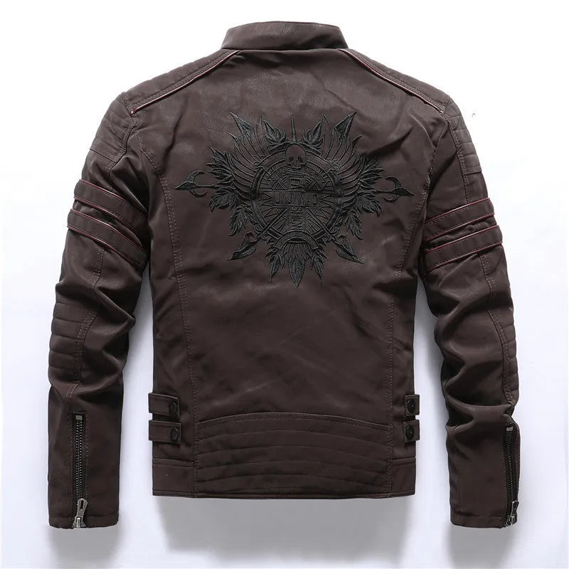 Men's brown PU leather biker jacket with front zip and lapel collar on a plain background