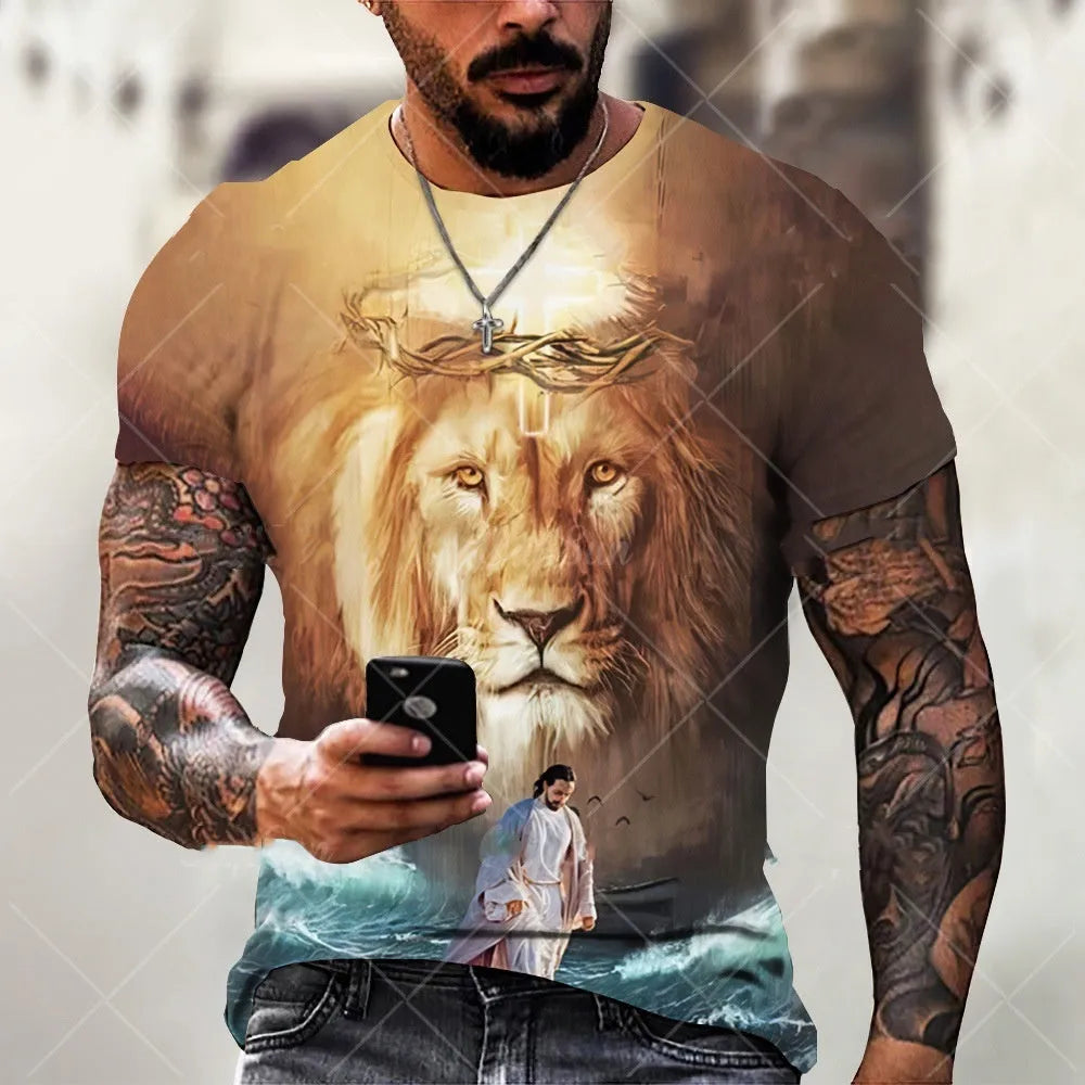 Men's grey T-shirt with a raised 3D printed Jesus pattern on the chest, short sleeves.