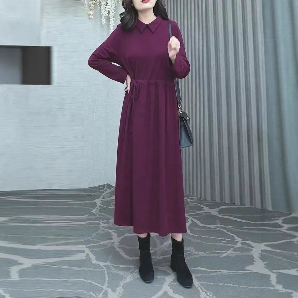 Purplish red plus size women's dress with extra long sleeves and urban style design