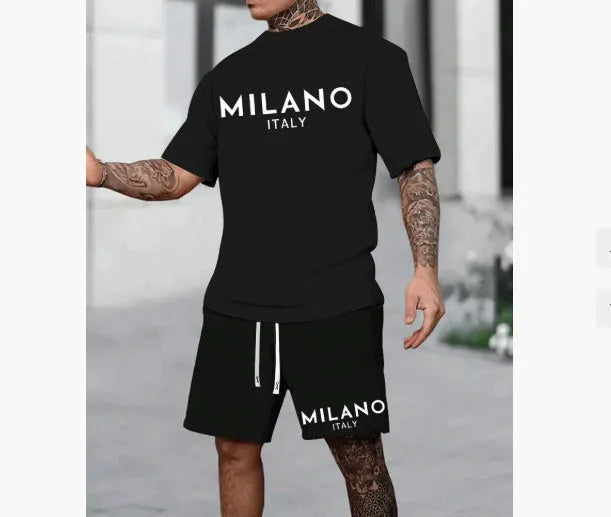 European style short sleeve suit set with round neck top and matching shorts in multiple colours