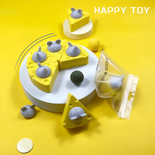 Five yellow catnip chew toy balls for feline dental care and play