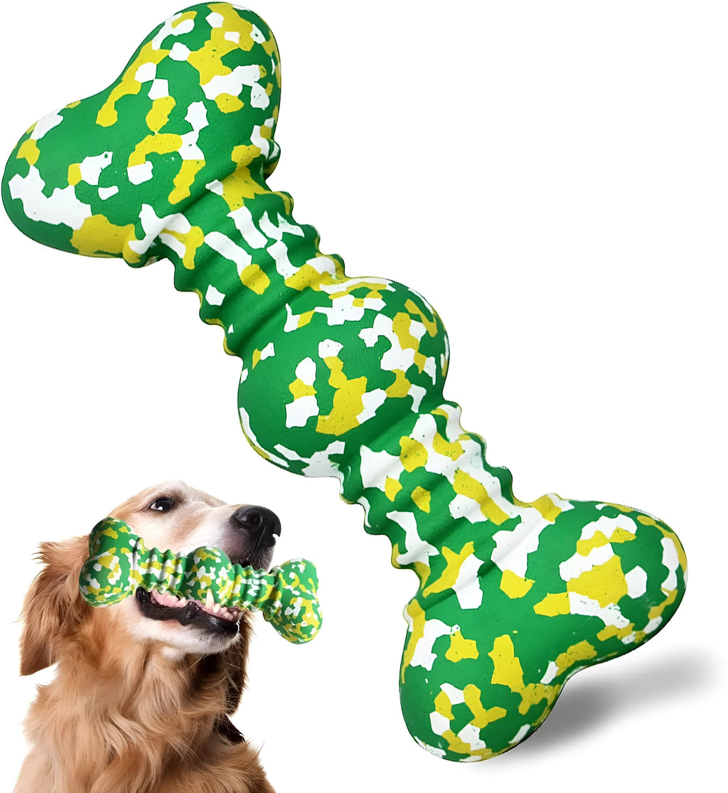 Green and white camouflage patterned natural rubber bone chew toy for dogs on a wooden floor.