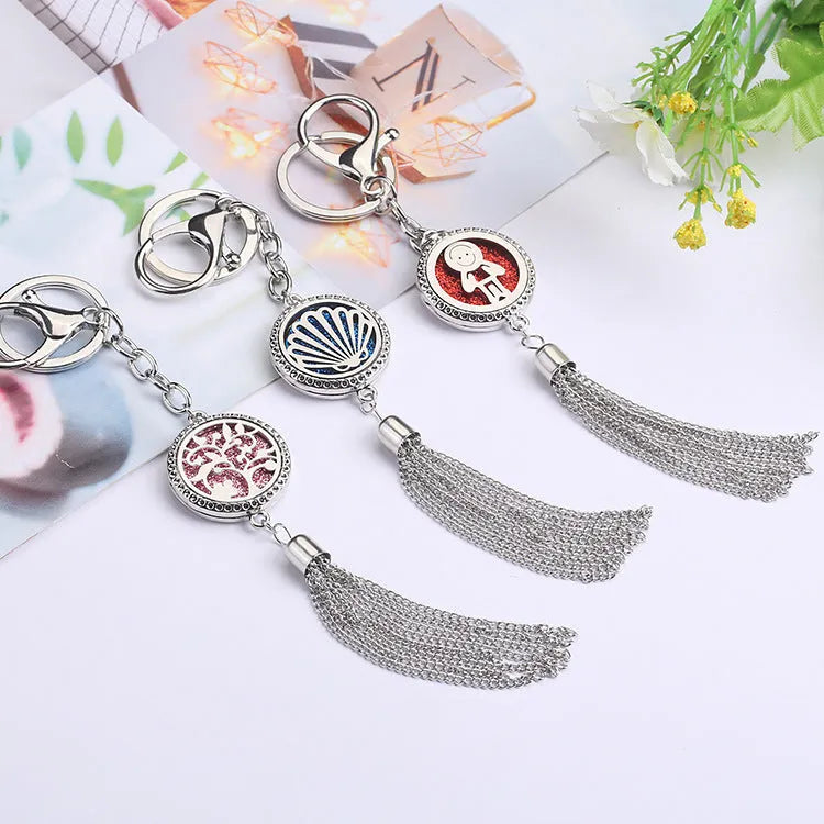 Alloy tassel aromatherapy car pendant with cotton pads on 50cm chain for fragrance diffusion