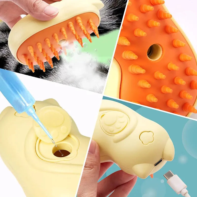 White 3-in-1 steam cat brush with pet shape design for grooming tangled hair