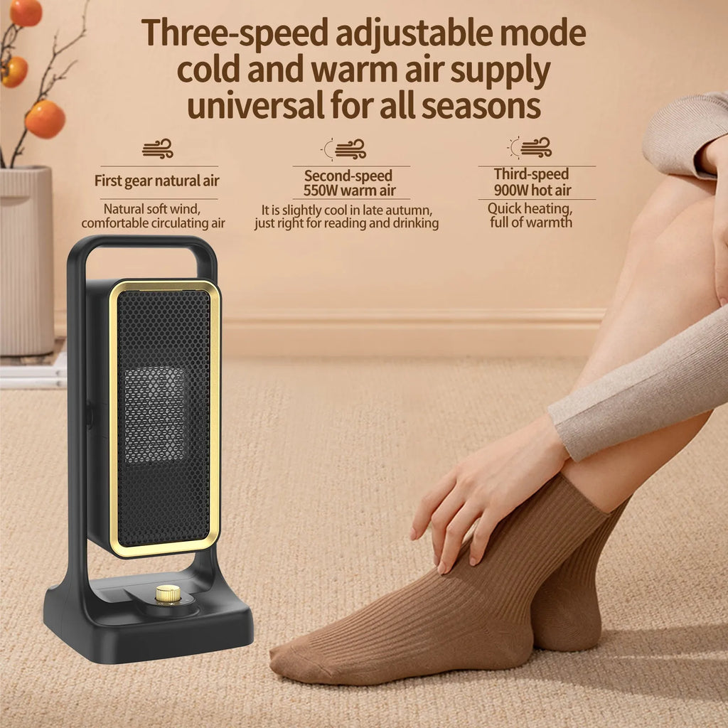 Compact black PTC ceramic desktop heater with control knob showing three speed settings