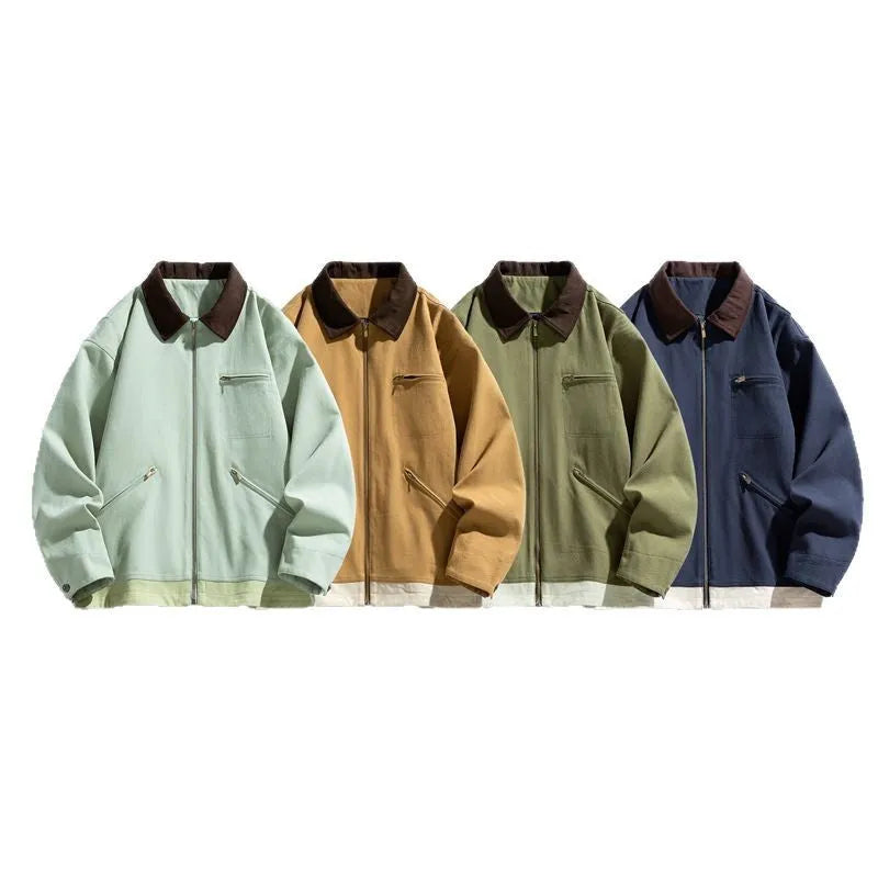 Men's loose fit workwear jacket with contrast lapels and side seam pockets in mint green colour