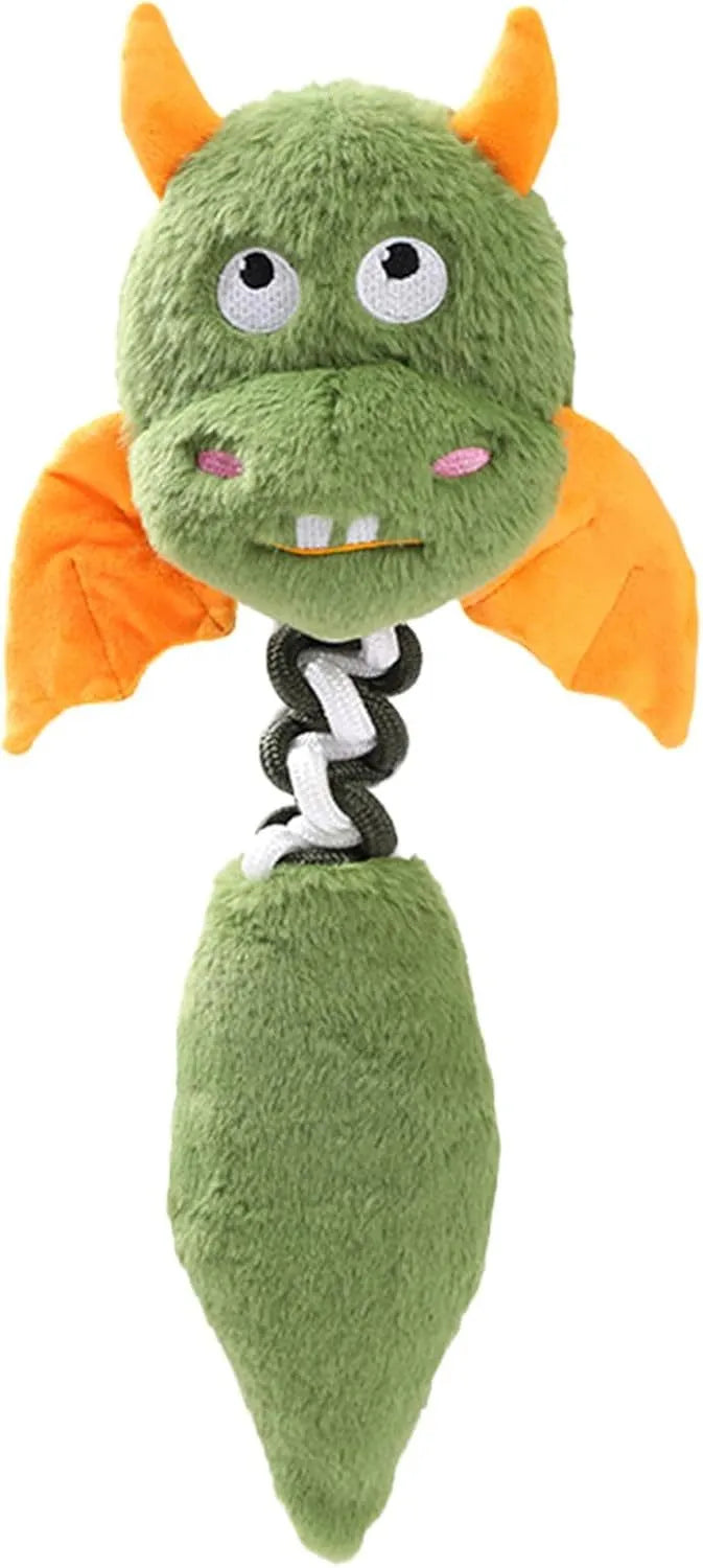 Large black, green, or red plush dog toy with a cartoon shape, featuring a built-in rope knot.