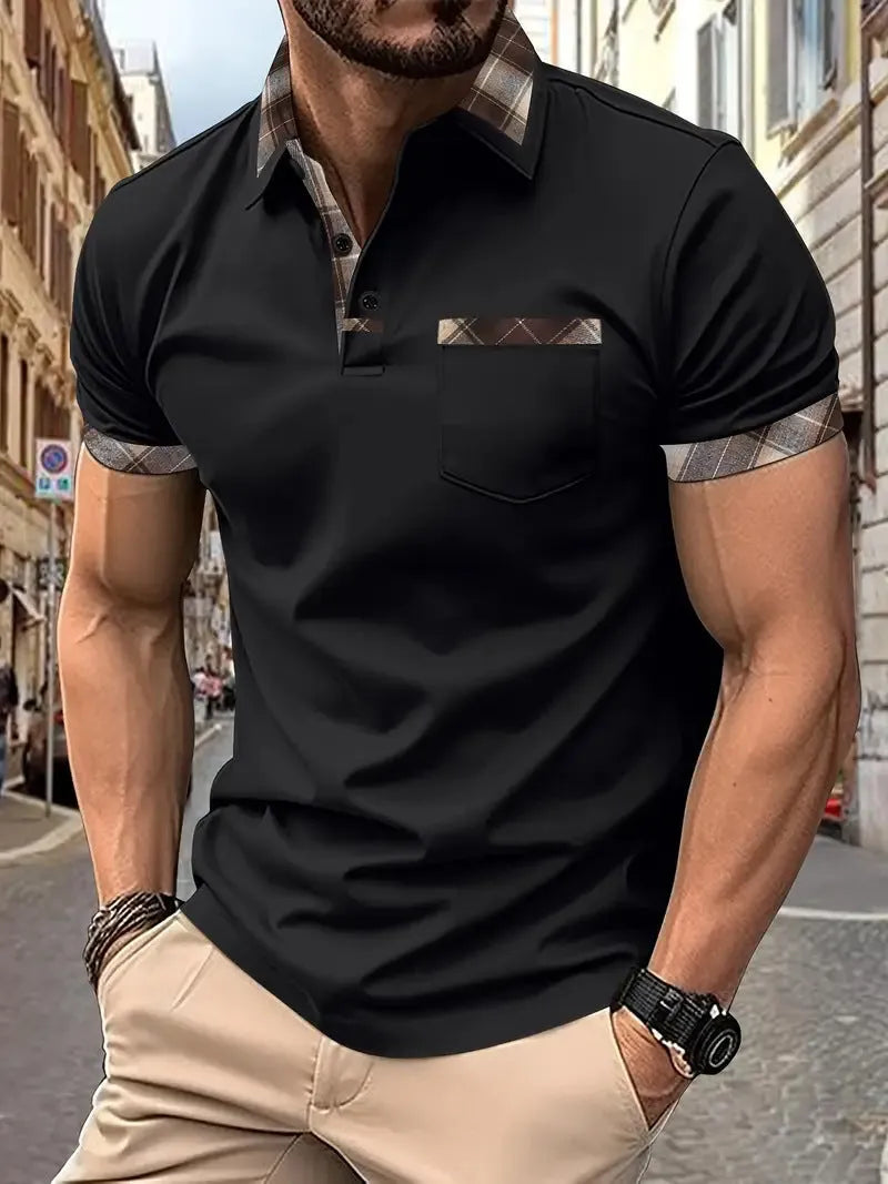 Men's plaid colourblock t-shirt with zipper decorations and short sleeves in loose fit