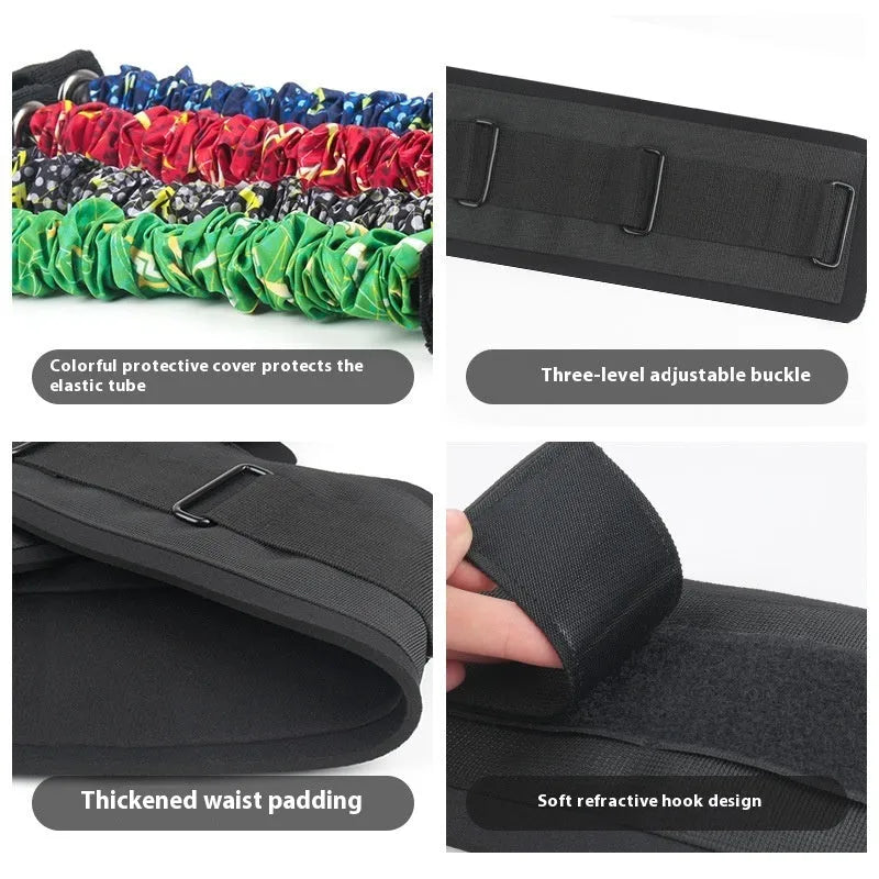 Fitness Bounce chest expander belt with TPE elastic tube and colour-coded resistance sleeves: red, blue, black, green.