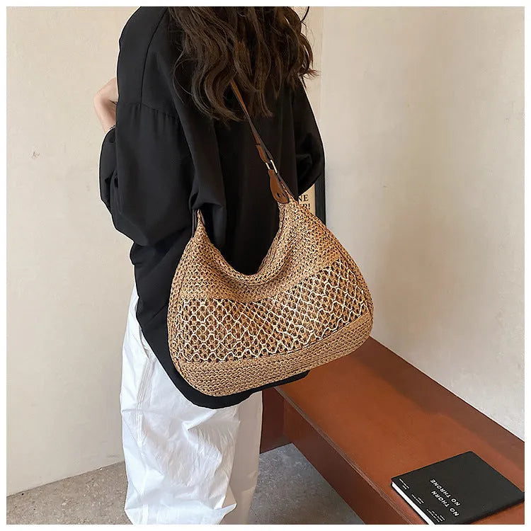 Women's khaki straw cross body bag with sandwich pocket and horizontal square shape